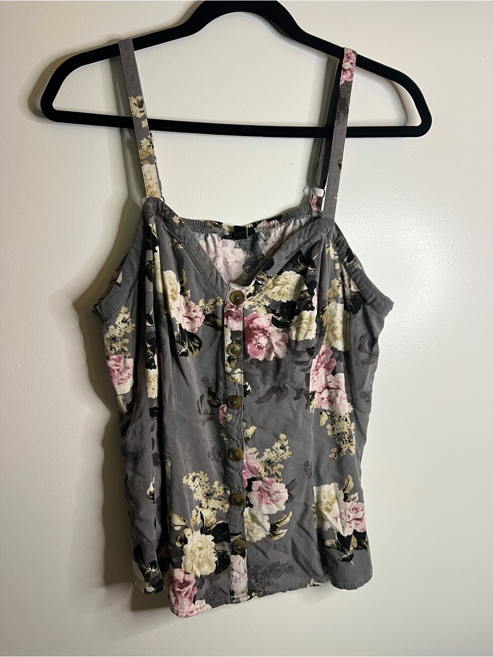 torrid Gray Floral Button-Front Cami with Pink Accents